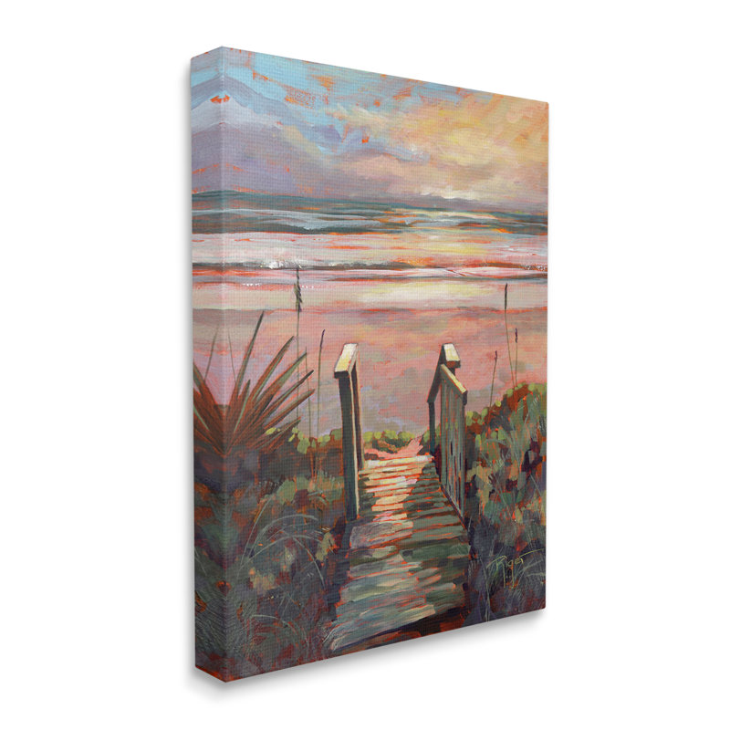 «Au-419», toile Beach Shore Sunset Boardwalk Path sur toile par Sue Riger, peinture, H 48 po x l 36 po x P 1,5 po