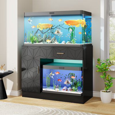 40 Gallon Black Aquarium Stand, Modern Dual Tank Cabinet With Hidden Cord Organizer & 550lbs Capacity, 30-50 Gallon Fish Tank Stand