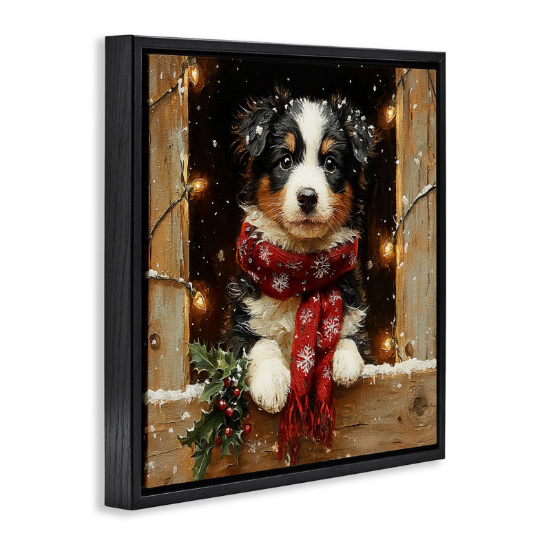 Cadre flottant pour chiot Snowy Christmas Lights, conception de Riley B, Cadre flottant noir de jais, 18" H x 18" W