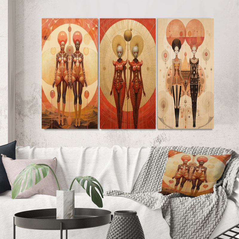 Alien Goddess Vintage Dreamscape Illustration V - Abstract Portraits Art Set Of 3 Pieces, Toile tendue, H 40 po x l 60 po