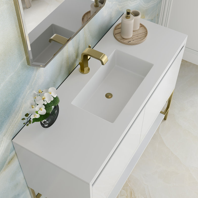 Meuble-lavabo simple l 47,25 po Mantova, Blanc lustré, Blanc brillant / laiton champagne