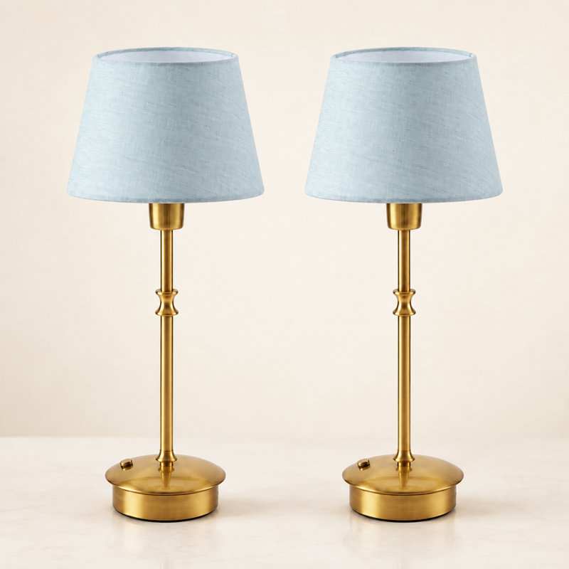 Small Cordless Lamp Rechargeable Table Lamps Set of 2, Dimmable Battery Operated Lights, Portable Accent Light for Side Table Restaurant Dining Outdoor, Blue Fabric Shade, Antique Brass