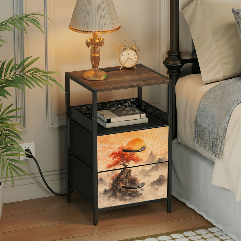 Table de chevet 2 tiroirs avec station de charge, table de chevet pour chambre avec ports USB et amp; Imprimé à l'aquarelle Outlets