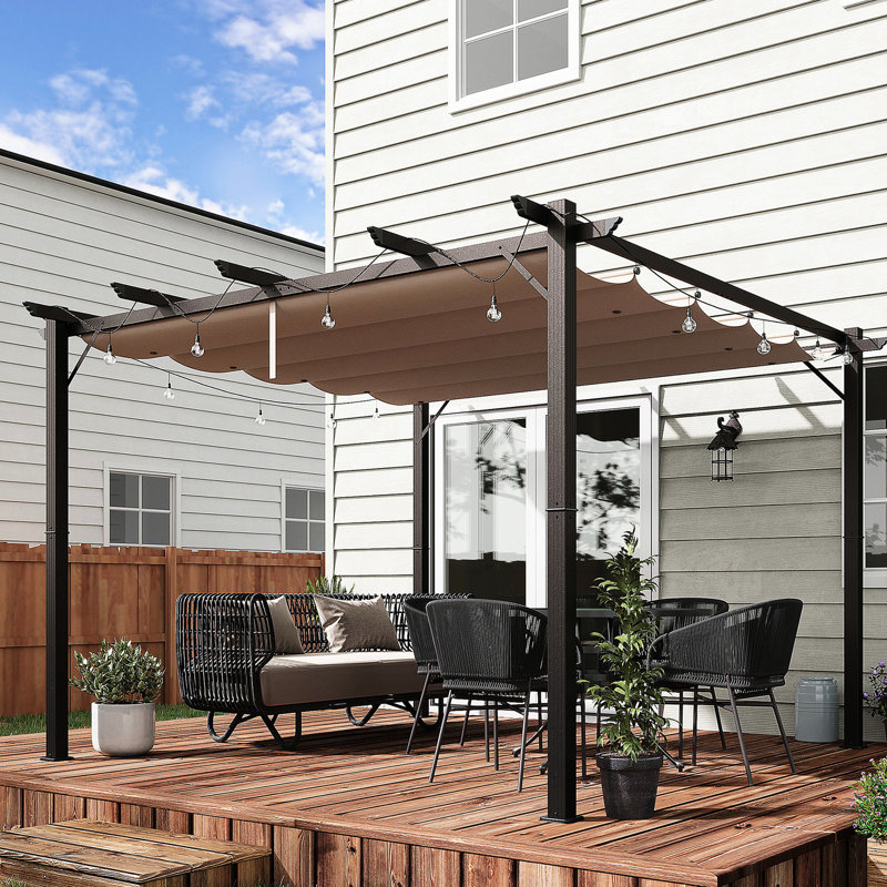Brown 10' X Pergola With Retractable Shelter Canopy - Aluminum Backyard Gazebo For Grill Porch Party Garden Shade Cover Patio Garden, Gazebo,