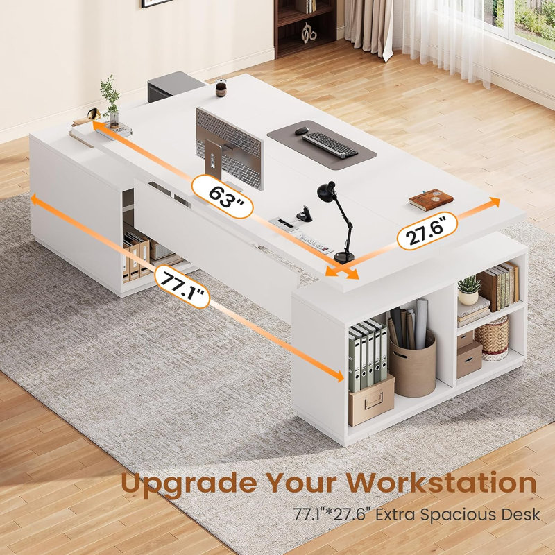 Bureau assis-debout électrique de direction de grande taille (77,1 po) avec 3 tiroirs et armoire de rangement, Blanc