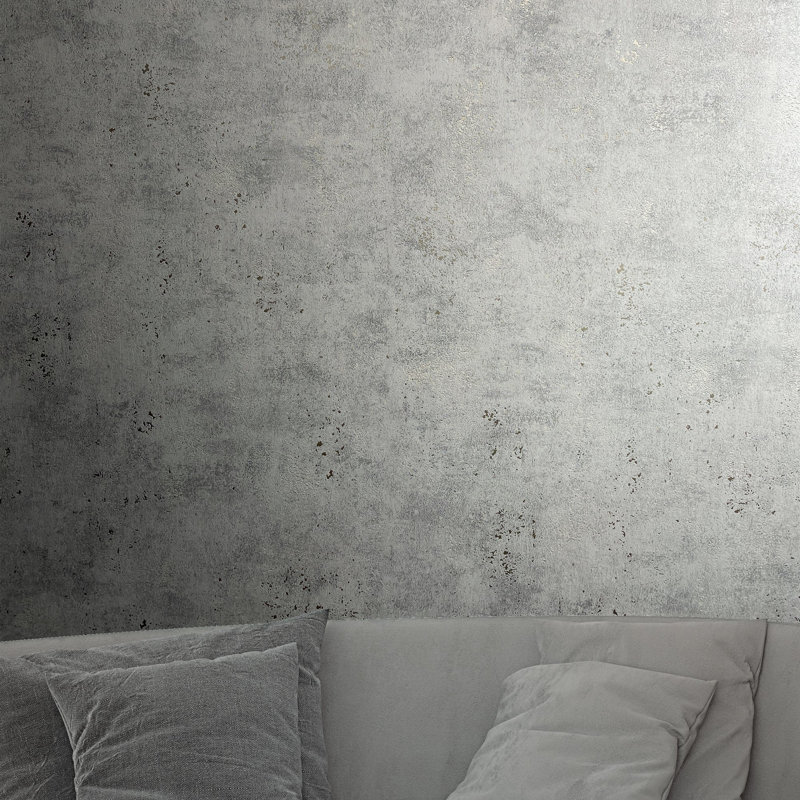 Textures Collection Industrial Distressed Plain Metallic Elements Finish Wallpaper Roll, Silver