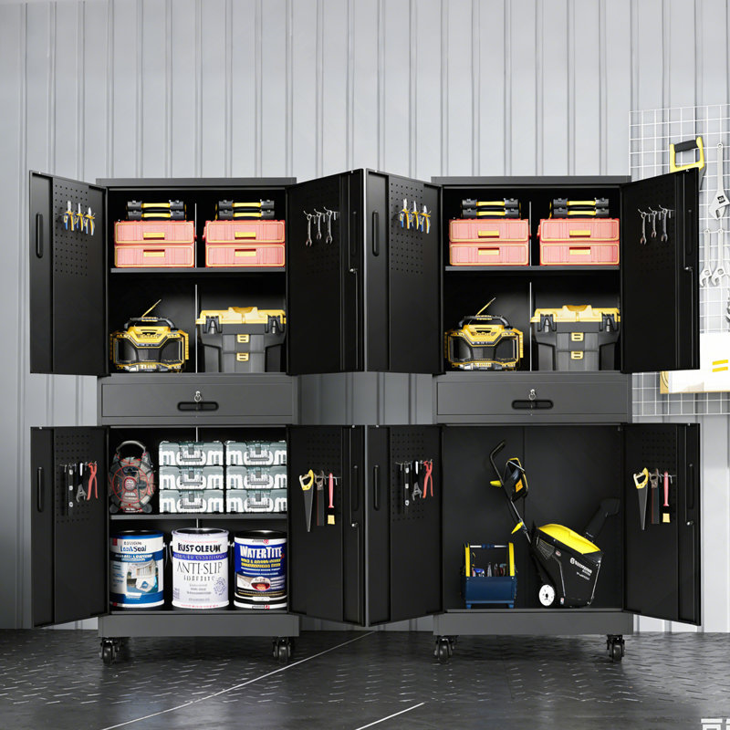 Armoire de rangement en métal avec tiroir, armoire de garage 71 po avec portes verrouillables et 2 tablettes réglables, armoire à outils robuste avec panneau perforé, 8 crochets et roulettes pour le bureau à domicile