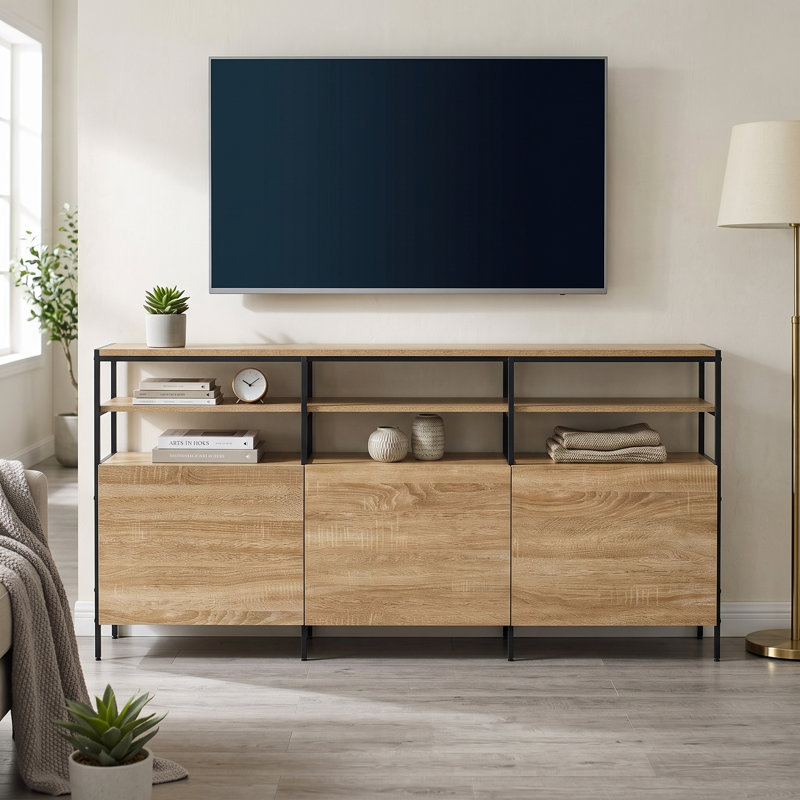 66.7" Modern TV Stand for TVs up to 75", Wood Entertainment Center with Open Display Shelves, 3 Hidden Storage Cabinets, Metal Frame & Soft-Close Doors