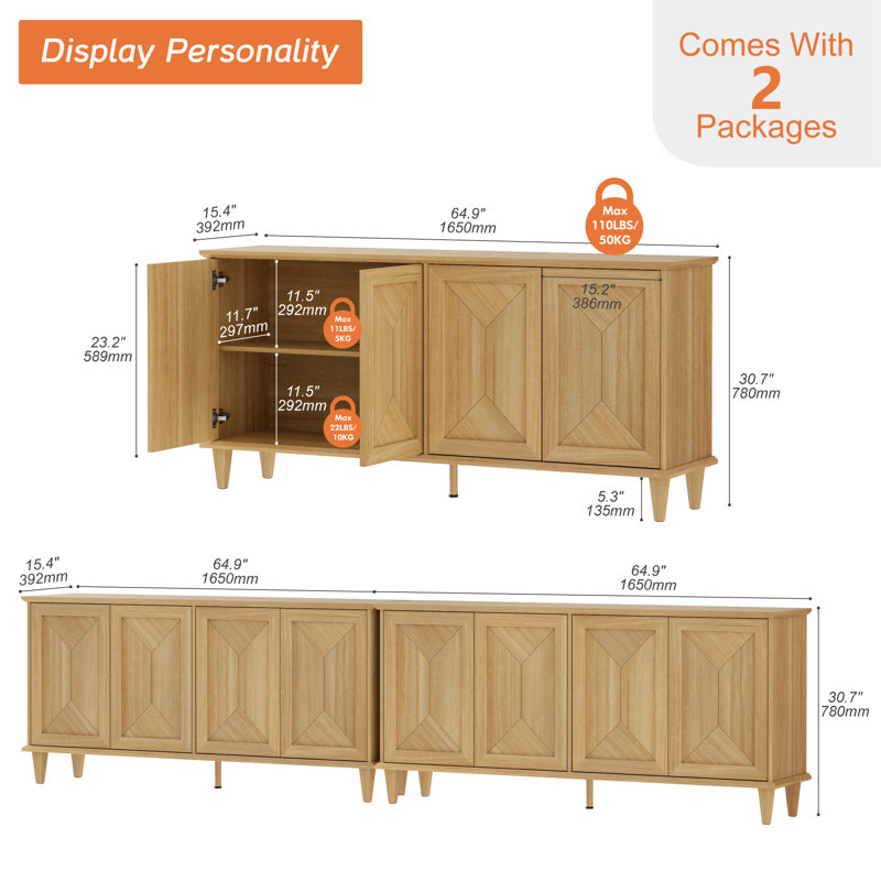130" Large Double Unit Entertainment Center TV Stand, Modern Farmhouse Console With Handcrafted Patchwork Doors, Massive Storage With Adjustable Shelves & Cable Management，Natural Oak