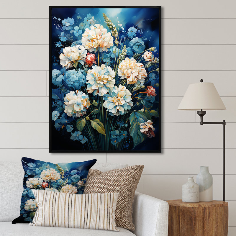 Fleur bleue dans un maïs soufflé Serenade I, H 32 po x l 16 po x P 1 po, Cadre flottant noir