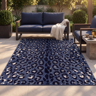Wandsworth Animal-Print Animal Print Navy Black Blue Gray Non-Slip Low Pile Indoor Outdoor Pet Friendly Living Room Bedroom Dining Room Entryway Hallway Office All-Over Leopard Rosette Washable Rug