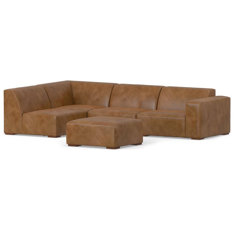 Rex 5 - Piece Modular Genuine Leather Sectional with Ottoman, Caramel Brown, Left Hand Facing