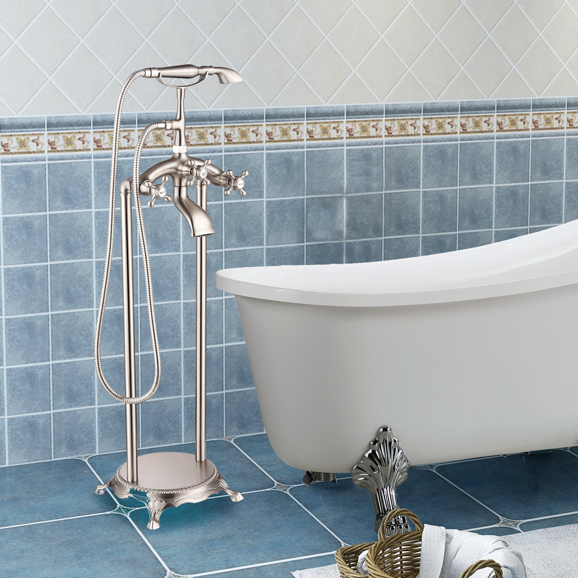 Floor Mounted Clawfoot Tub Faucet Trim, Brushed Nickel