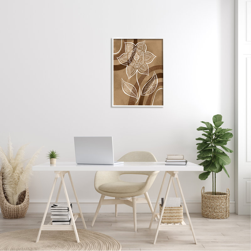 Fleur de mandala blanche à rayures brunes par Ziwei Li, L 24 po x H 30 po, Giclée encadrée noir minuit