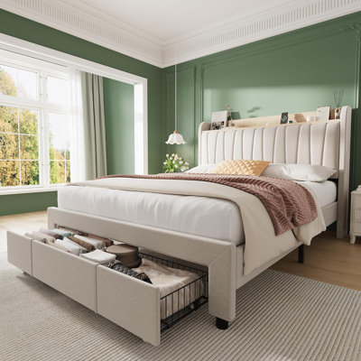 Structure de lit double pleine grandeur avec tête de lit et station de charge, base de lit plateforme avec tiroir simple, robuste, aucun sommier requis, assemblage facile, beige