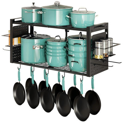 Wall Mounted 2-Tier Pot Rack, Kitchen Cookware Spice Utensil Organizer, With 20 hooks, Pan Organizer And Spice Rack Solid Frame Neatly Holds Cookware, Stock Pots, Pans And Kitchen Utensils, (Black)