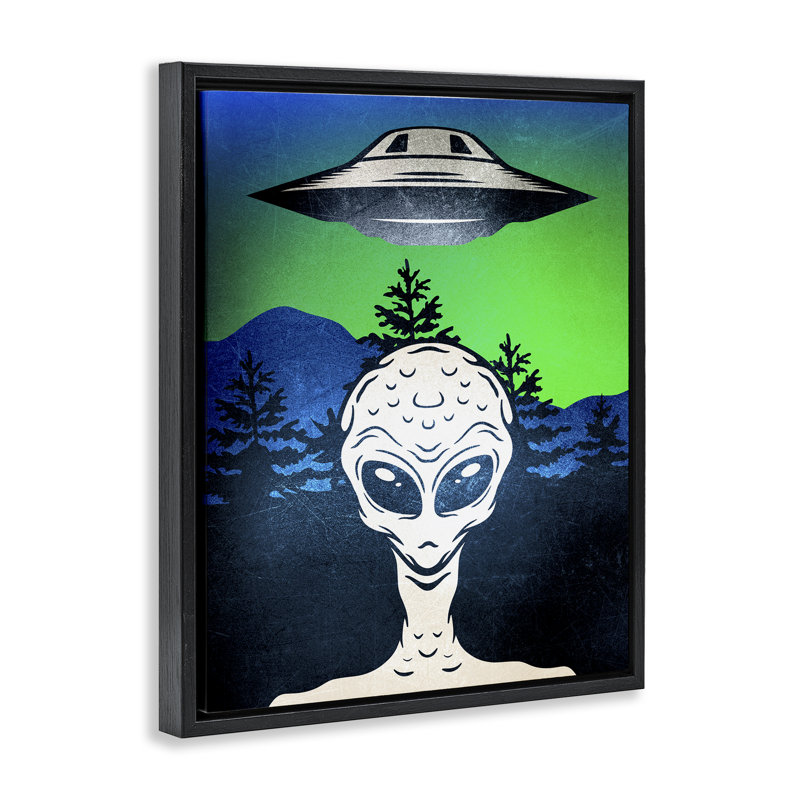 Cadre flottant Alien and UFO Scene, design par Kim Allen, H 31 po x l 25 po, Cadre flottant noir de jais