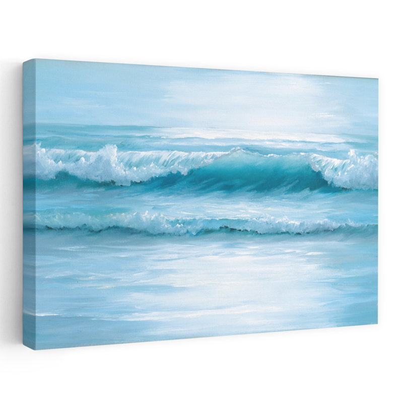 Sunlight Reflections - Coastal Contemporary Rolling Sea Waves Mint Green Water Minimal Beach Scene Art, H 40 po x l 60 po
