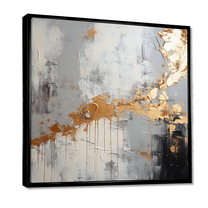 «Gilded Elegance» noir et gris - art mural abstrait, H 16 po x l 16 po, Cadre flottant noir