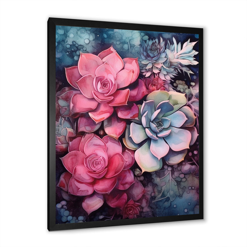 Rose, bleu sarcelle, résilience succulente, H 32 po x l 16 po x P 1 po, Cadre photo noir