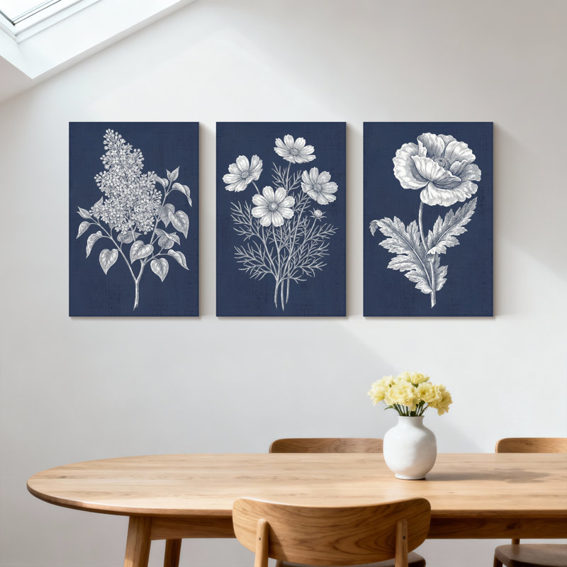 Plantes et fleurs, botanique, blanc sur fond bleu marine, ensemble de 3 impressions sur toile, H 24 po x l 48 po