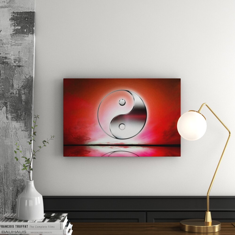 Gerahmtes Leinwandbild  Yin und Yang Zeichen mit rotem Hintergrund