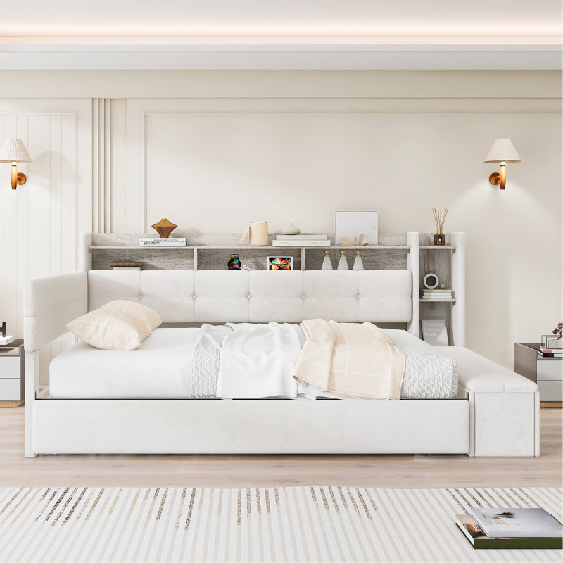 Cadre de lit pour chambre à coucher, lit de jour avec repose-pieds de rangement, étagères, lit gigogne, lit de jour avec chargement USB et lumière DEL