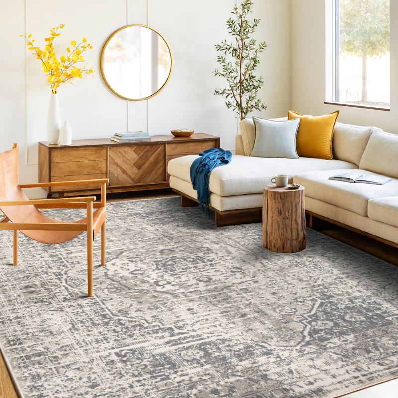 Traditional Medallion Durable Performance Gray/Beige Area Rug, Rectangle 5'3" x 7'6"