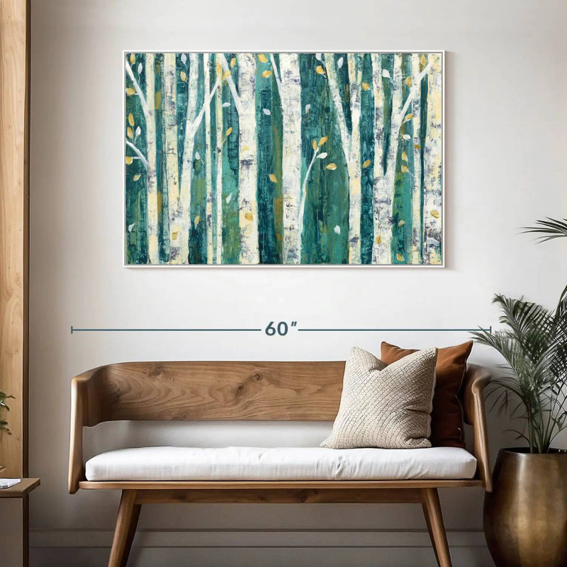 Bouleaux au printemps III, Cadre flottant blanc, 46 po x 31 po