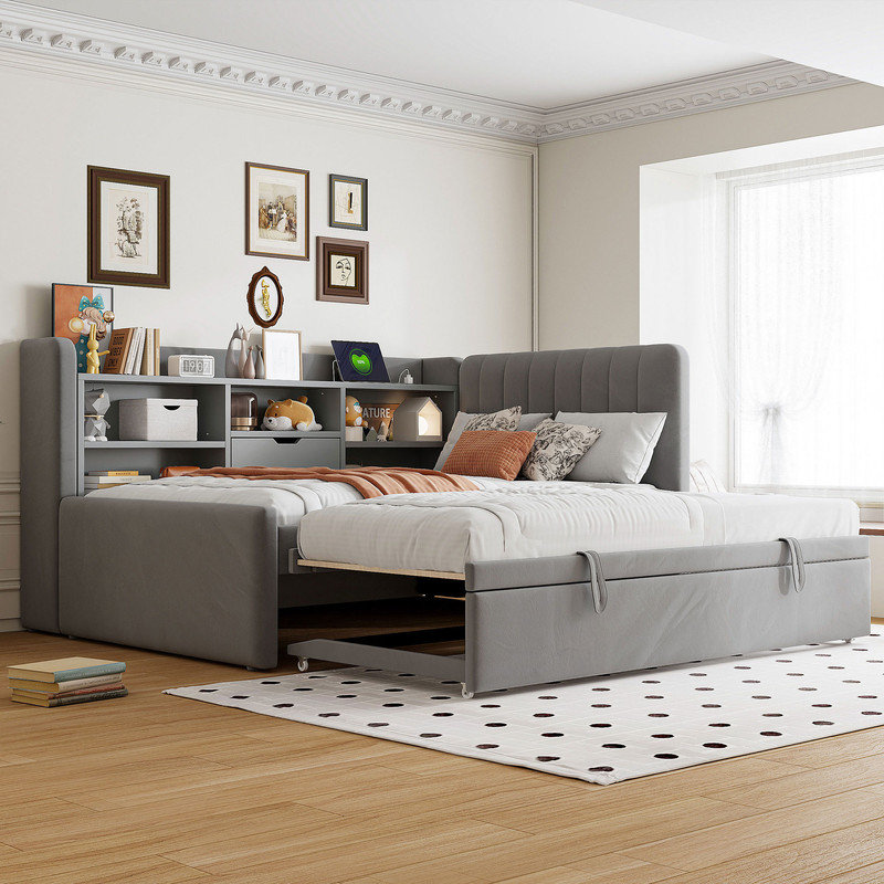 Twin Size Daybed with Trundle & Shelf Storage, USB Ports Included, Gray