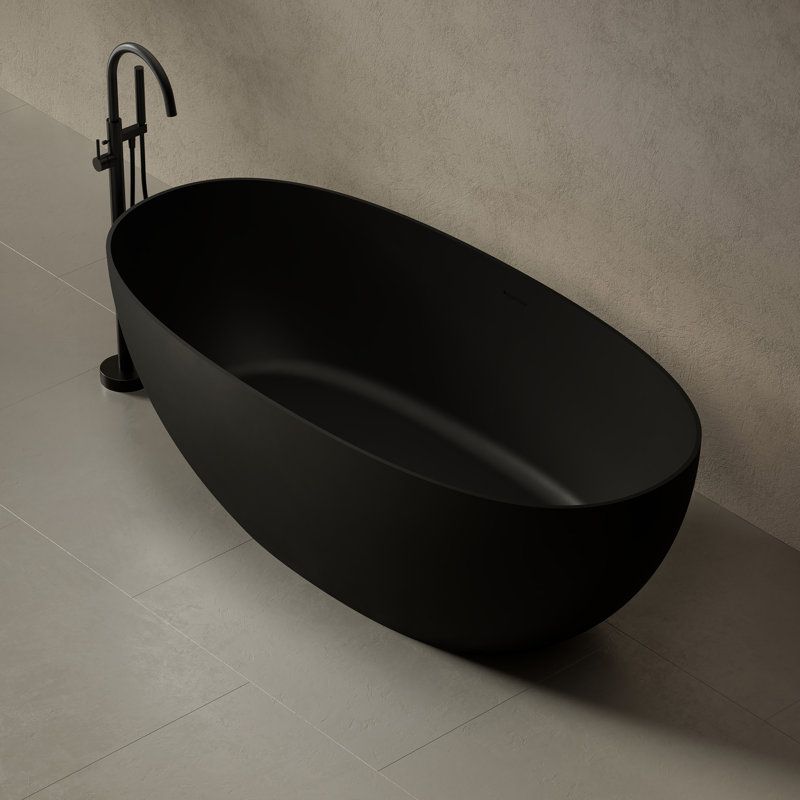 MonBlari 59" X 28" Freestanding Black Soaking Solid Surface Bathtub with Overflow and Pop-up Drain For Bathroom, Matte Black