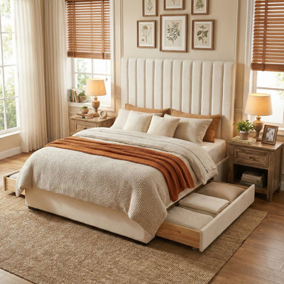61.42" Queen Velvet Upholstered Platform Bed Frame with 2 Large Drawers & Vertical Channel Tufted Headboard, No Box Spring Needed, Cream