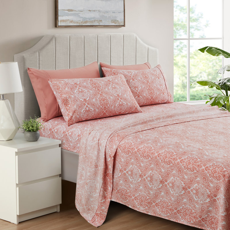 Percale Paisley Sheet Set, Full Sheet Set + 1 Fitted Sheet + 2 Pillowcases, Soft Pink