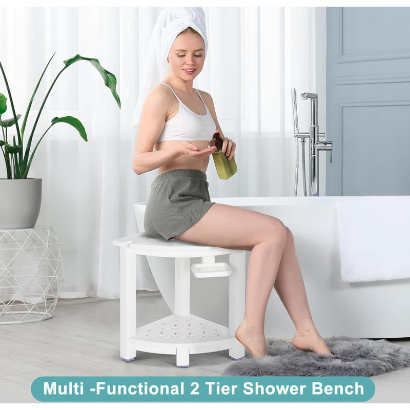 White HDPE Corner Shower Bench with Storage Shelf and Soap Box