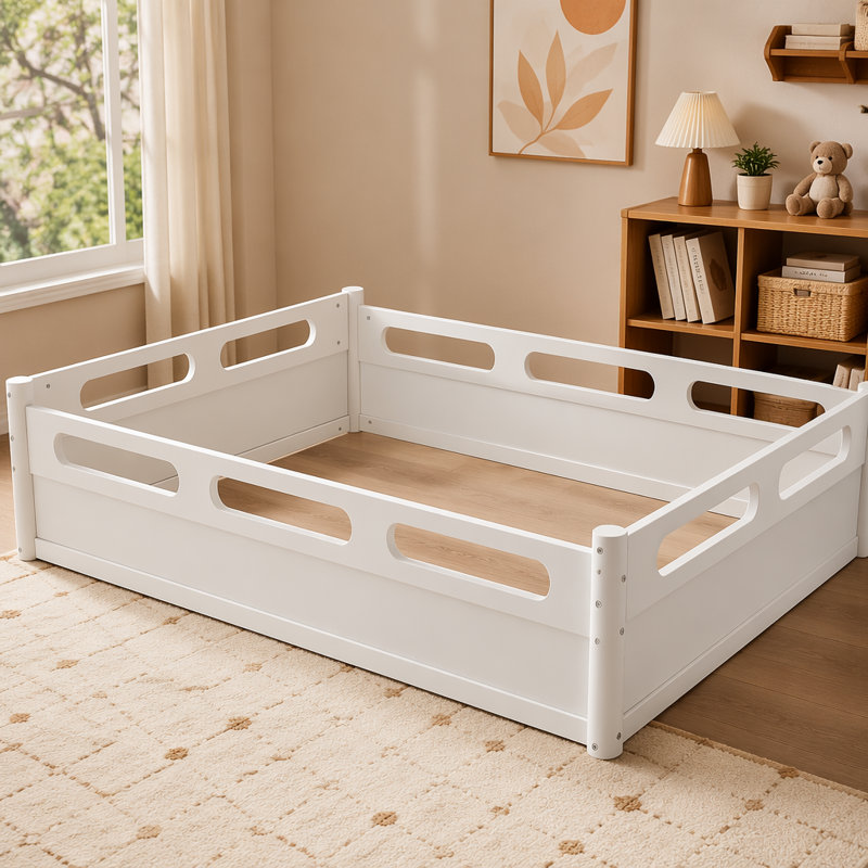 Lit plateforme au sol avec garde-corps pleine longueur, base de lit avec support en lattes de bois, Full / Double, White