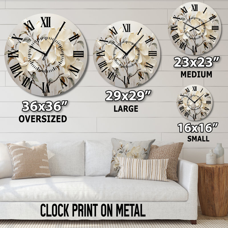 Horloge murale beige et verte Magnolias, Surdimensionné