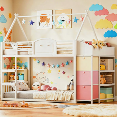 Loft bed with 3 Drawers and 2-Tier Bookshelf Kids Low Loft Bed with 2 Bedside Storage Boxes White