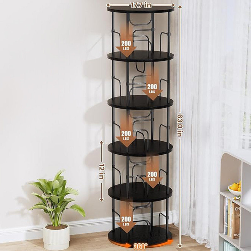 Black 5-Tier 360° Rotating Stackable Bookshelf with Metal Frame