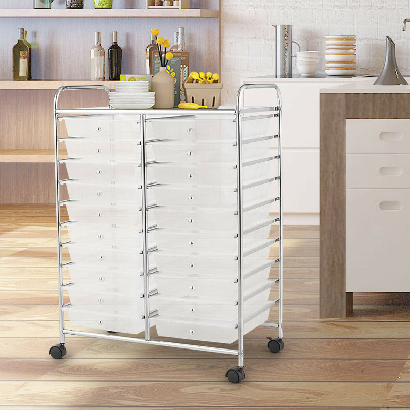 Clear 20-Drawer Rolling Organizer Cart with Chrome Frame