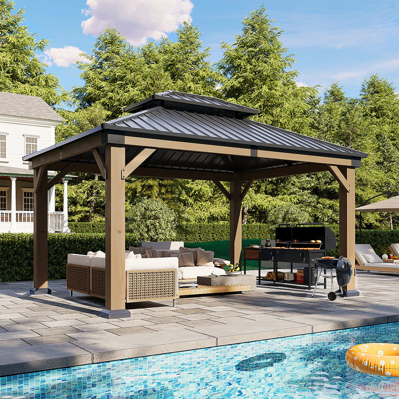 Jolydale Soild Wood Gazebo, Hardtop Gazebo With Galvanized Steel Double Roof, Suitable For Patios, Lawn And Backyard