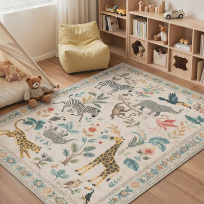 Vintage Animals Machine Washable Beige Indoor Area Rug With Non-Slip Backing