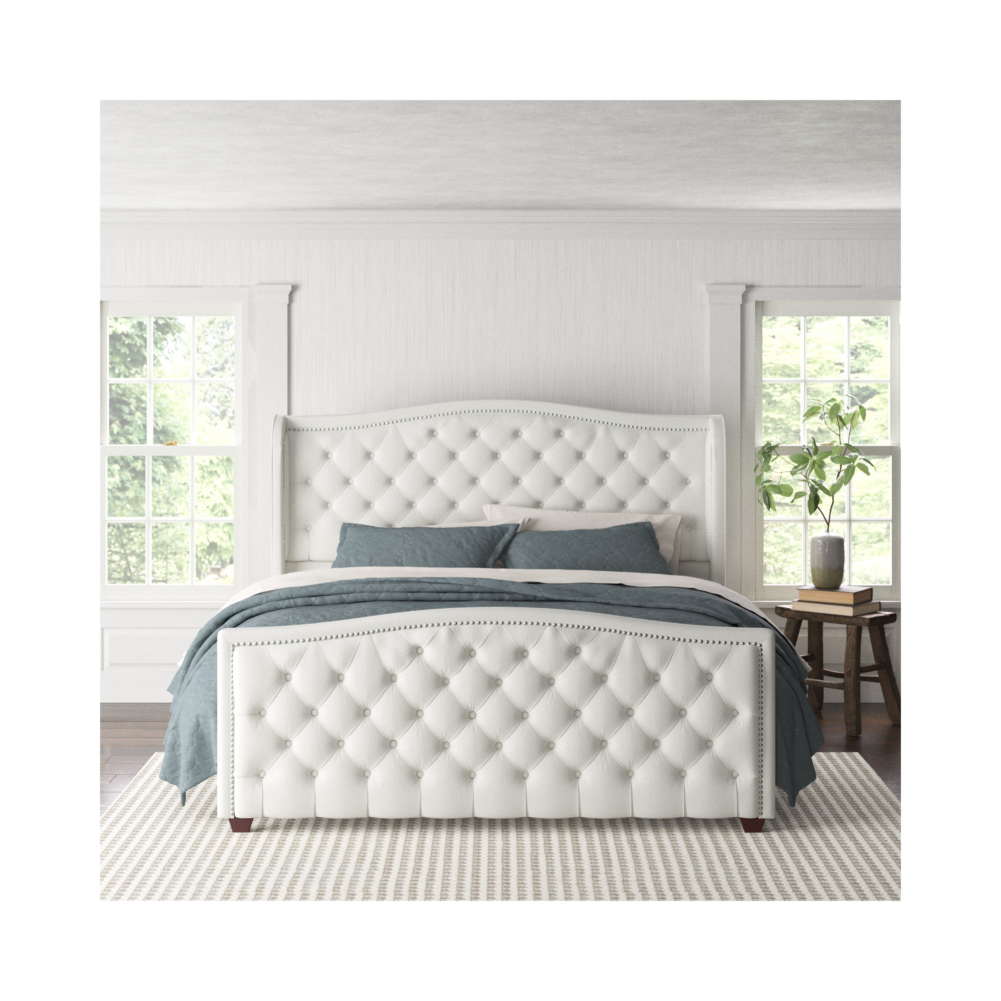 Coleman Upholstered Wingback Bed, Bright White Velvet, King
