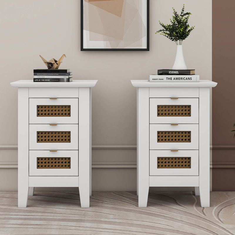 Wooden Nightstands Set Of 2 With Rattan-Woven Surfaces And Three Drawers