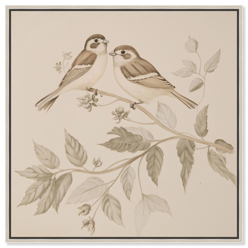 Paire d'illustrations rétro sur toile par Finches III par, H 17 po x l 17 po, Encadrement argenté