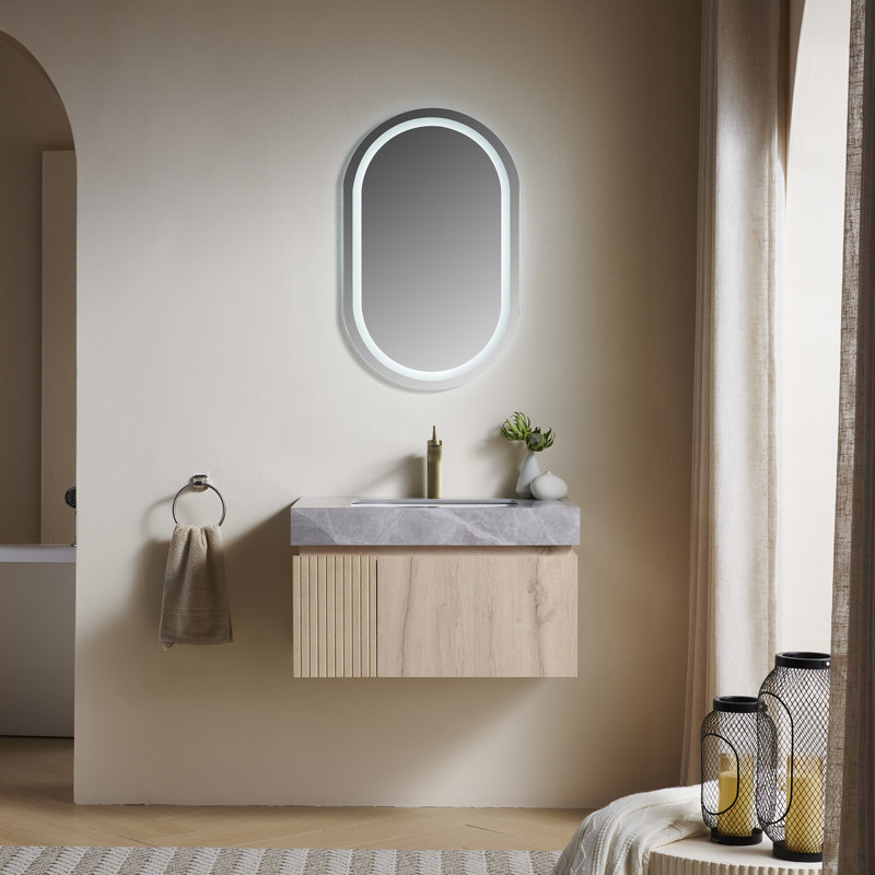Meuble-lavabo simple en contreplaqué et en bois massif, Chêne blanc, 30", Gris clair