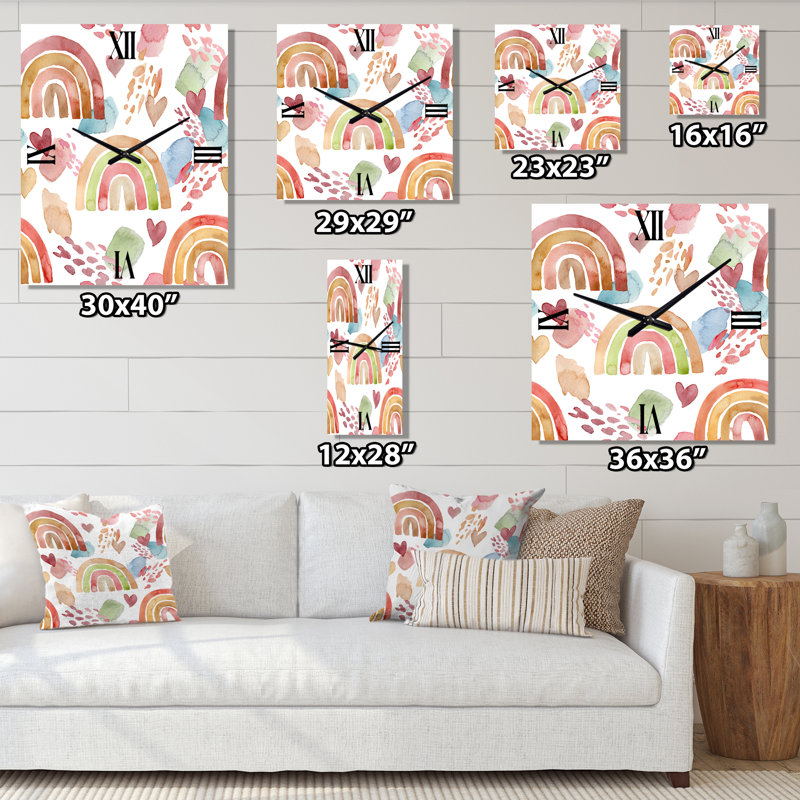 Multicolore arc-en-ciel avec nuages et cœurs - horloge murale pour enfants, Très grand