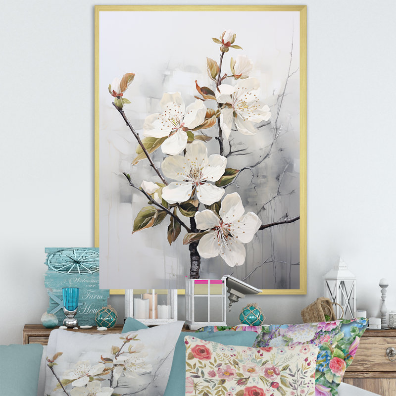 Minimalisme, fleur de pommier blanc I sur toile, Encadrement doré, H 20 po x l 12 po x P 1 po
