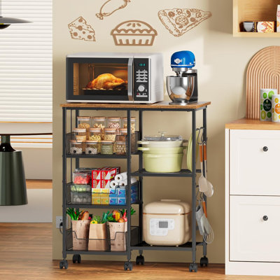 3-Tier Rolling Microwave Stand with Tilt-Out Baskets, Adjustable Shelf Kitchen Utility Cart on Locking Casters