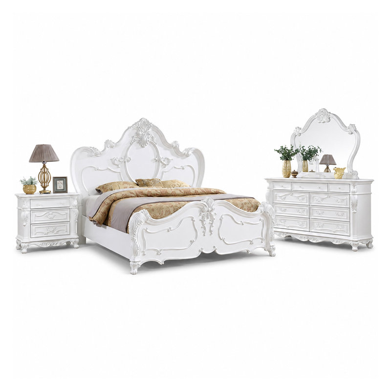 Ensemble de chambre à coucher Rosy 4 pièces pour lit queen, table de chevet et miroir en bois massif blanc