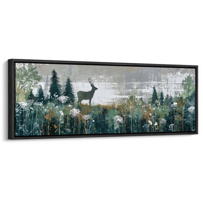 Extra Large Forest Deer Wildlife Scene with Misty Trees and Birds Print Wall Art